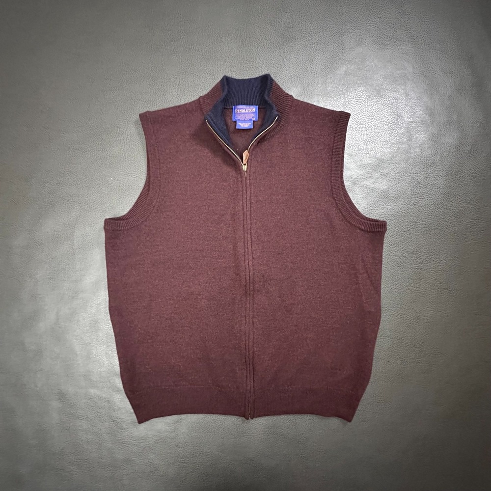 Pendleton Vest Mens Large Red 100% Merino Wool Premium Jacket Pockets Full Zip